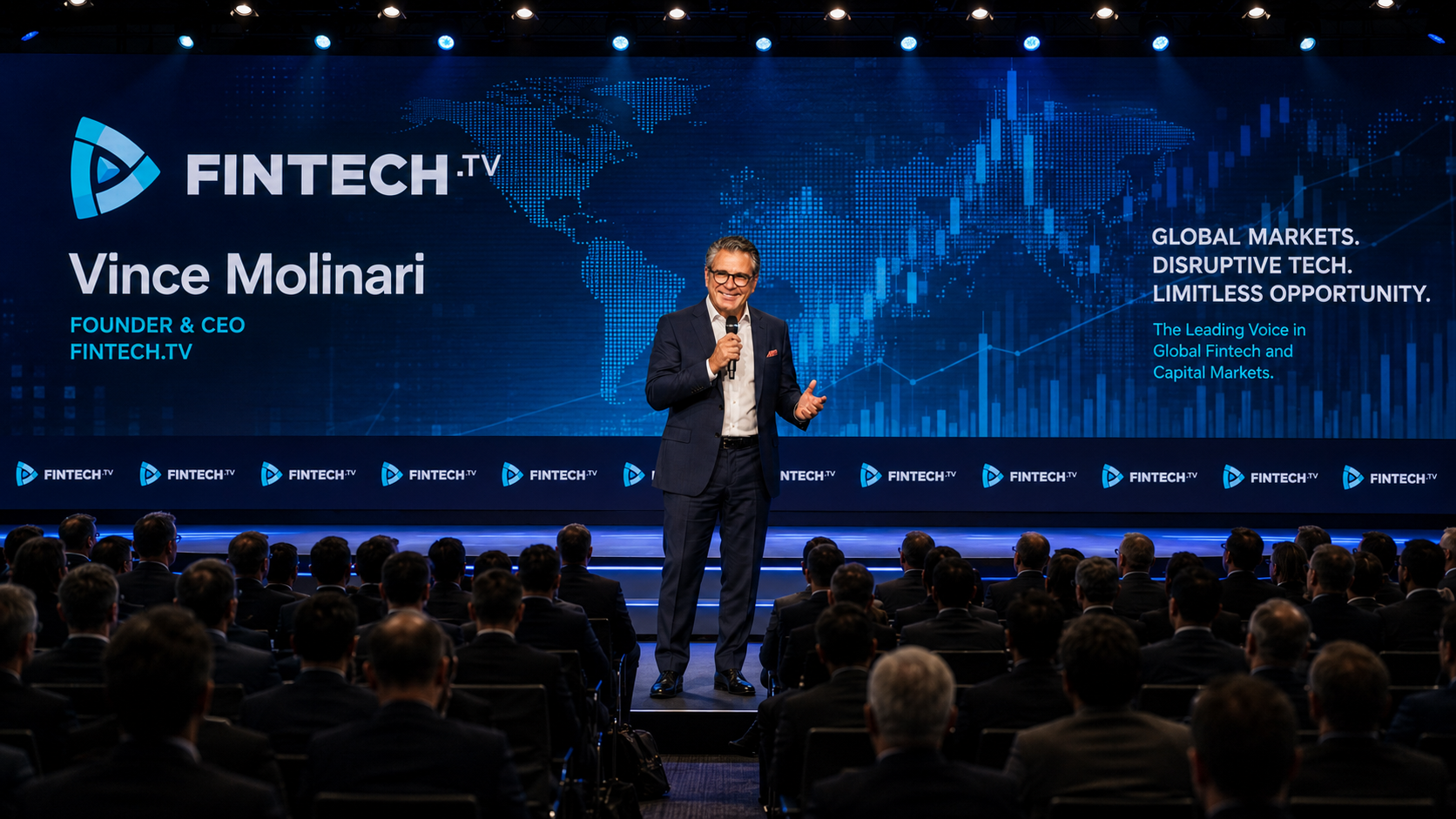 Vince Molinari speaking on stage at a FINTECH.TV broadcast event
